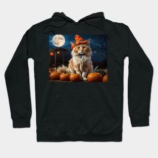 A lovely orange angora witch cat on Halloween Hoodie